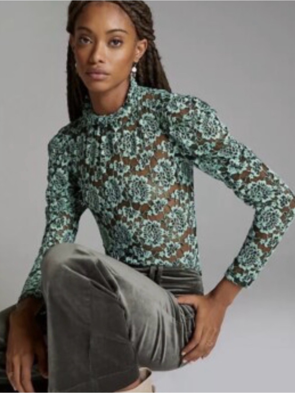 Dolan Sheer Floral Lace Long-Sleeve Top in Mint S NWT